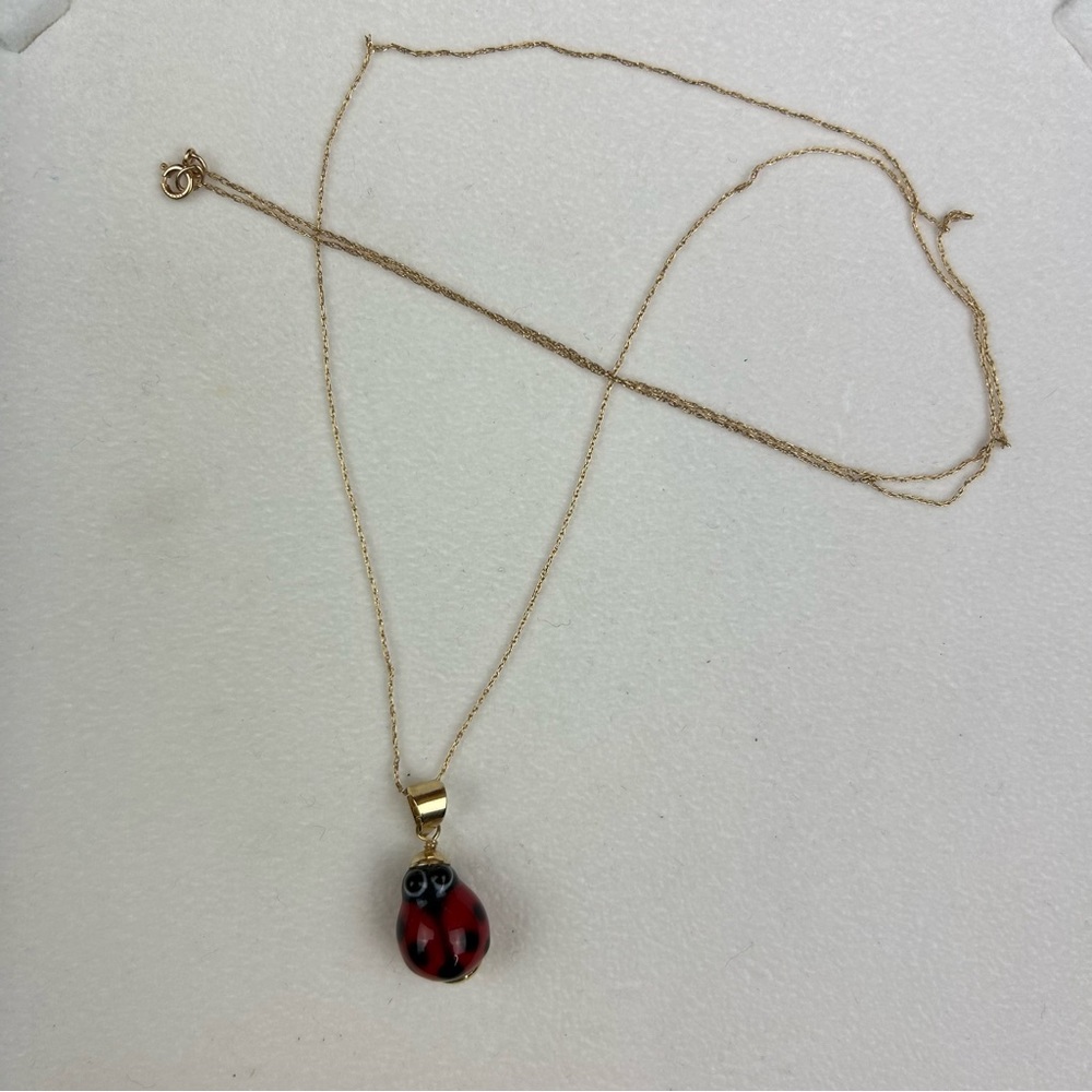 NEW 14KT Solid Gold Vintage (88) Ladybug Black & Red Enameled Necklace Dainty